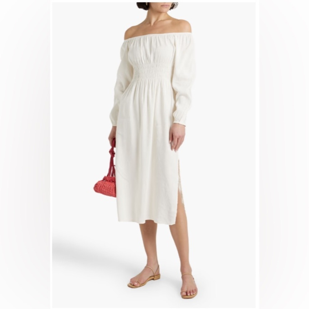 ONIA Air-Off The Shoulder Peasant Whimsical Boho Linen Midi Dress Size XL US 10 - Picture 4 of 4